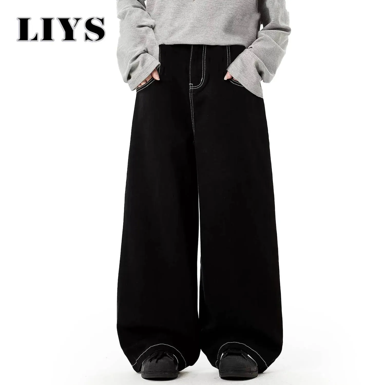 Spring Summer Men's Retro Black Baggy Wide Leg Jeans American Basic Unisex Daily Casual Denim Pants Women's Black Stacked Jeans