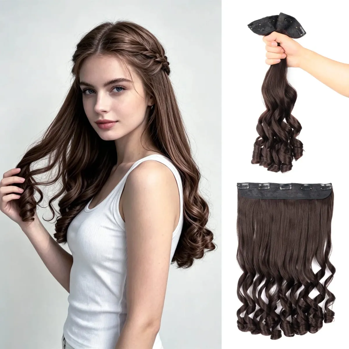 Synthetic Clip in One Piece Hair Extensions 5 Clips in one piece false hair 16inch French curl Style for women girls Daily Party — image 10
