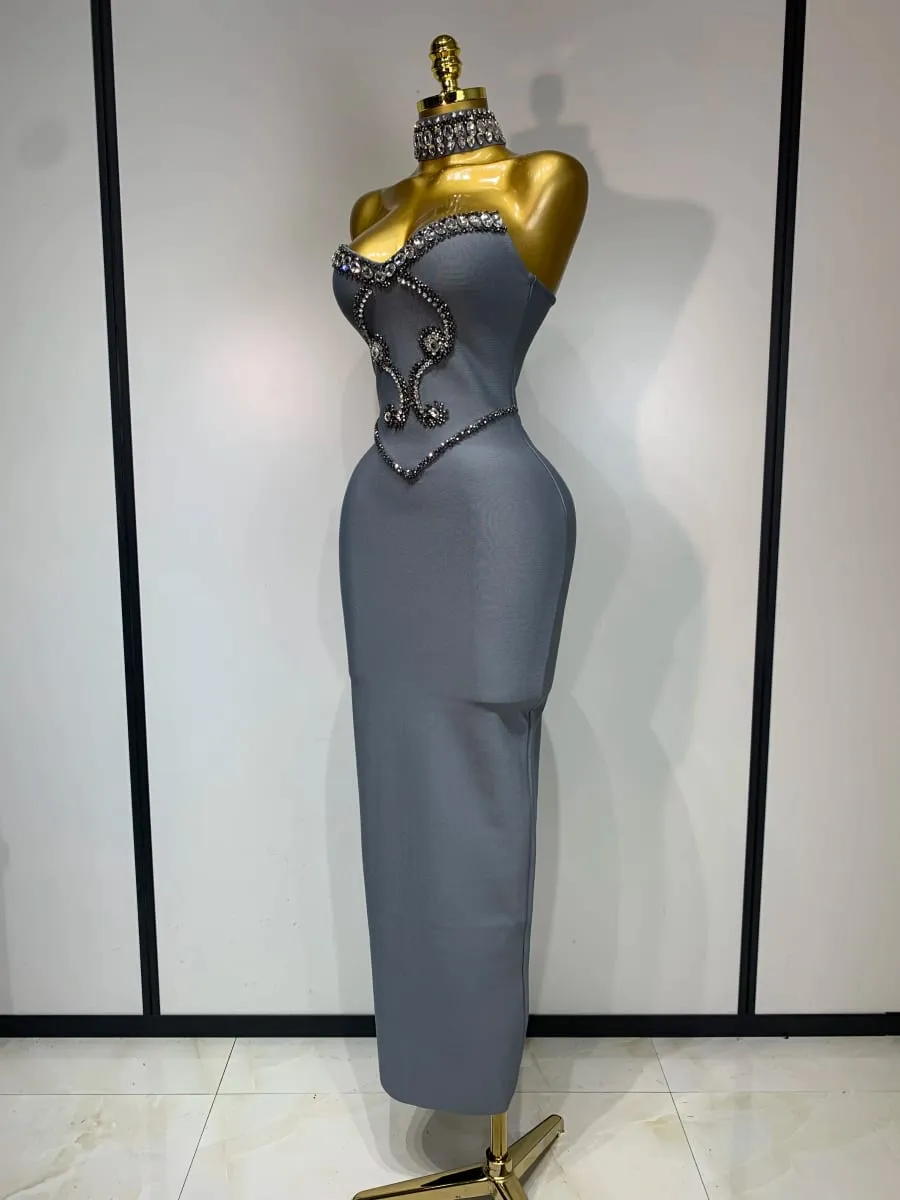 High Quality Strapless Beading With Necklace Bandage Dress Celebrity Elegant Evening Party Fancy Club Birthday Dresses — image 2