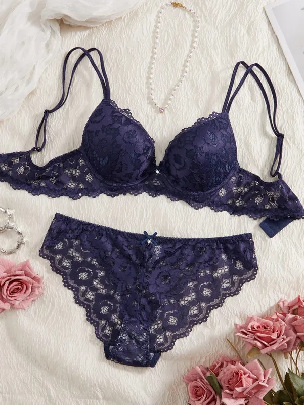 Women's Sexy Lingerie Set Lace Patchwork Solid Color Bowknot Rhinestone Embellished Push-Up Double Shoulder Strap Unlined Comfortable Underwear Lace Semi-Transparent Breathable Panties — image 7