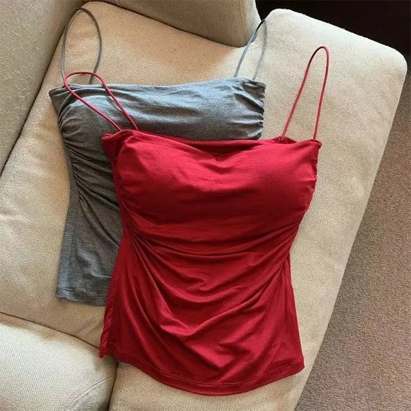 Sexy Solid Pleated Tank Camisole Women's Summer Spaghetti Strap Sleeveless Tops — image 4