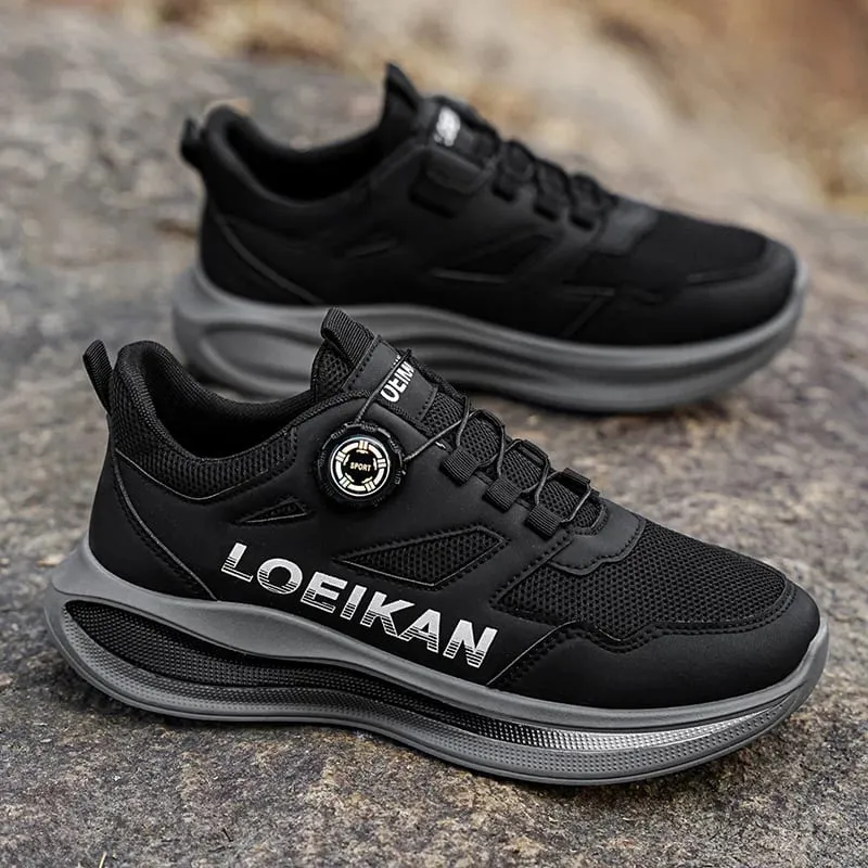 Men Rotary Buckle Running Sneakers Breathable Mesh Lightweight Cushion Sole Non Slip Daily Walking Shoes 2 Colors