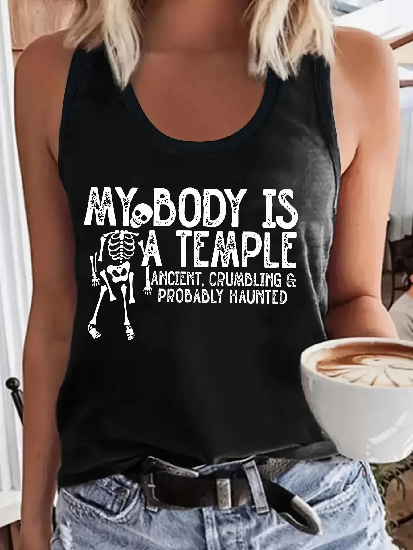 Letter Print Black Tank Tops Sleeveless Crew Neck Vest T Shirt Women's Fashion Graphic Tshirt Y2k Outfit Clothes Female Ladies
