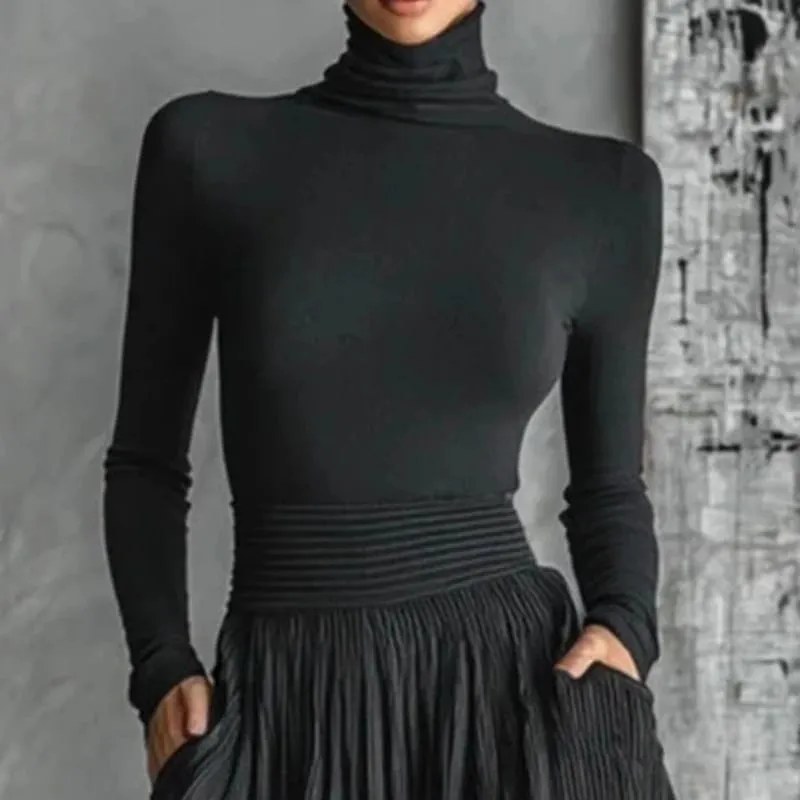 France Elegant Two Piece Skirt Set for Women's Pockets Solid Minimalist Split Hem Pleated A Line Vintage Turtleneck Slim Suits — image 5