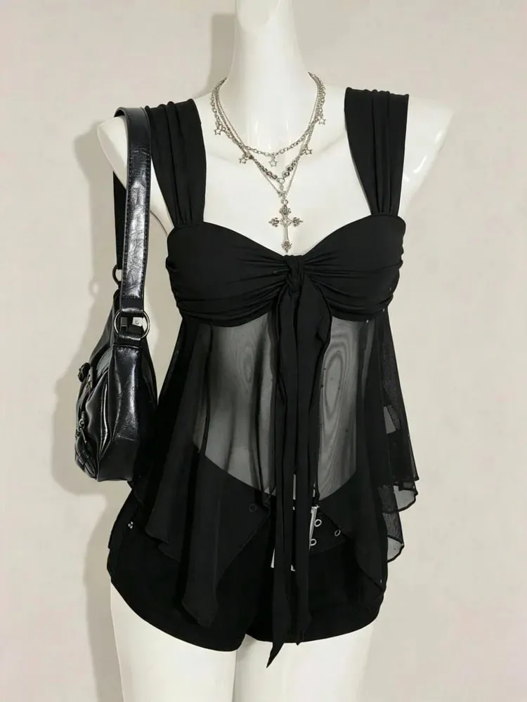 Women's Sweetheart Neck Backless Mesh Knot Front Pleating Strap A-line Crop Top Summer Sexy Cute Elegant Soft Comfortable Cloth