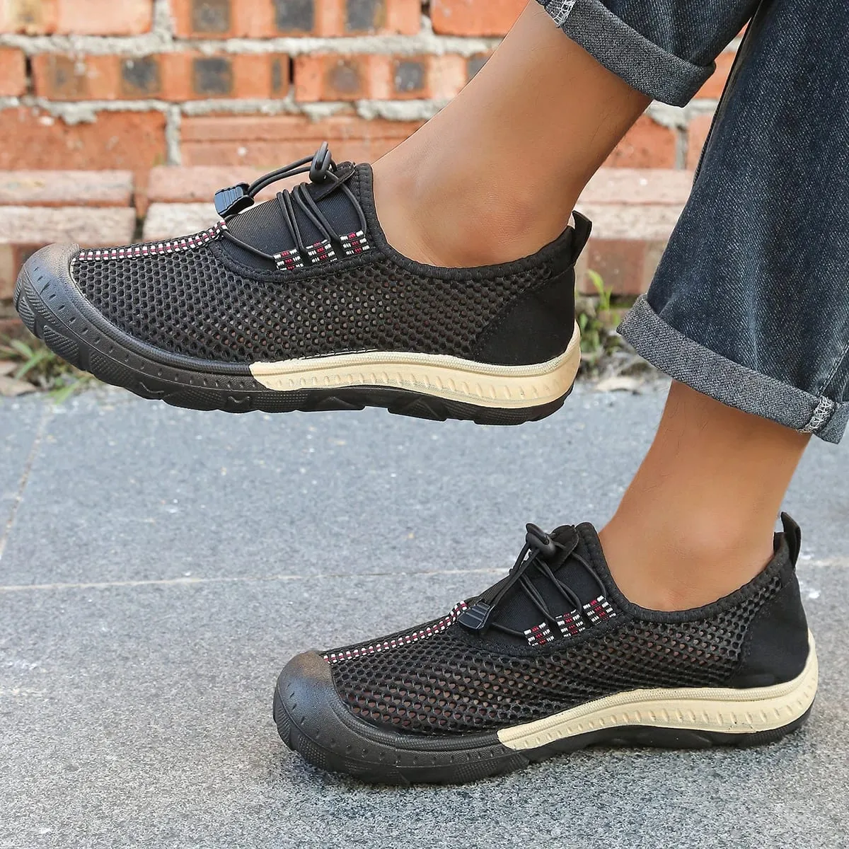 Men's Hollow Mesh Quick Toggle Lace Walking Trainers Striped Stitching Trim Wrapped Thick Rubber Toe Cap Outdoor Casual Shoes — image 6