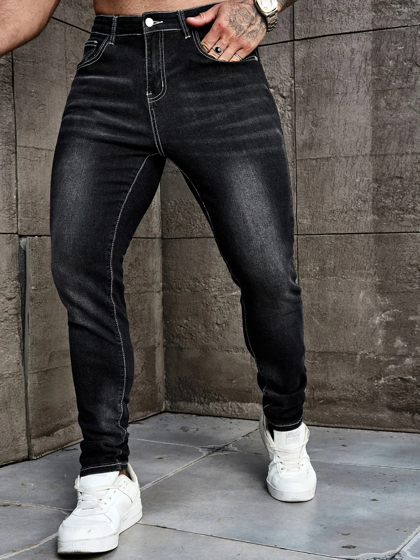 Men Jeans Denim Pants Clothing Trousers Men's Casual Black Washed Slim Fit Stretch Skinny Denim Pants — image 5
