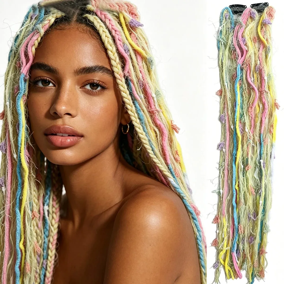 Synthetic 2Pcs Wool Yarn Dreadlock Clip Hair Extensions Maillard Long Boho Tassel Colored Vintage Braids Hair For Woman — image 11