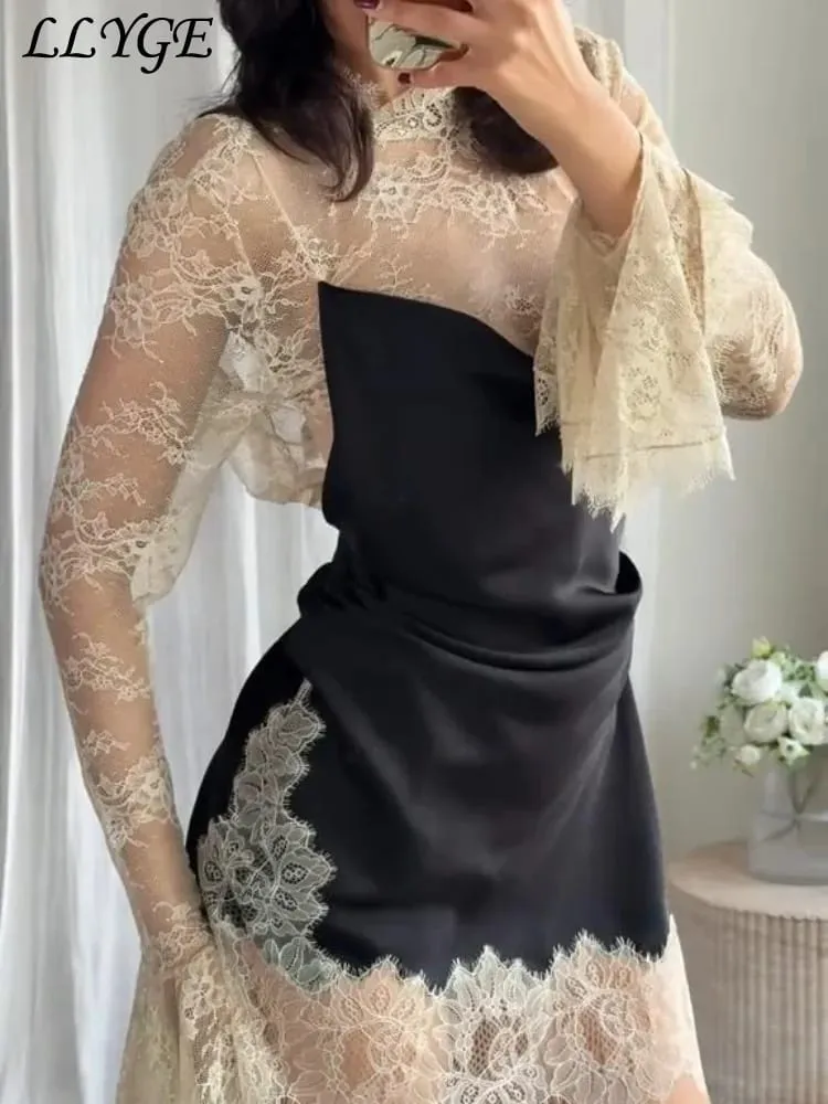 Elegant Lace Patchwork Short Dress Women See Through High Collar Flare Sleeve Party Dresses 2025 Autumn Lady Evening Robes — image 7