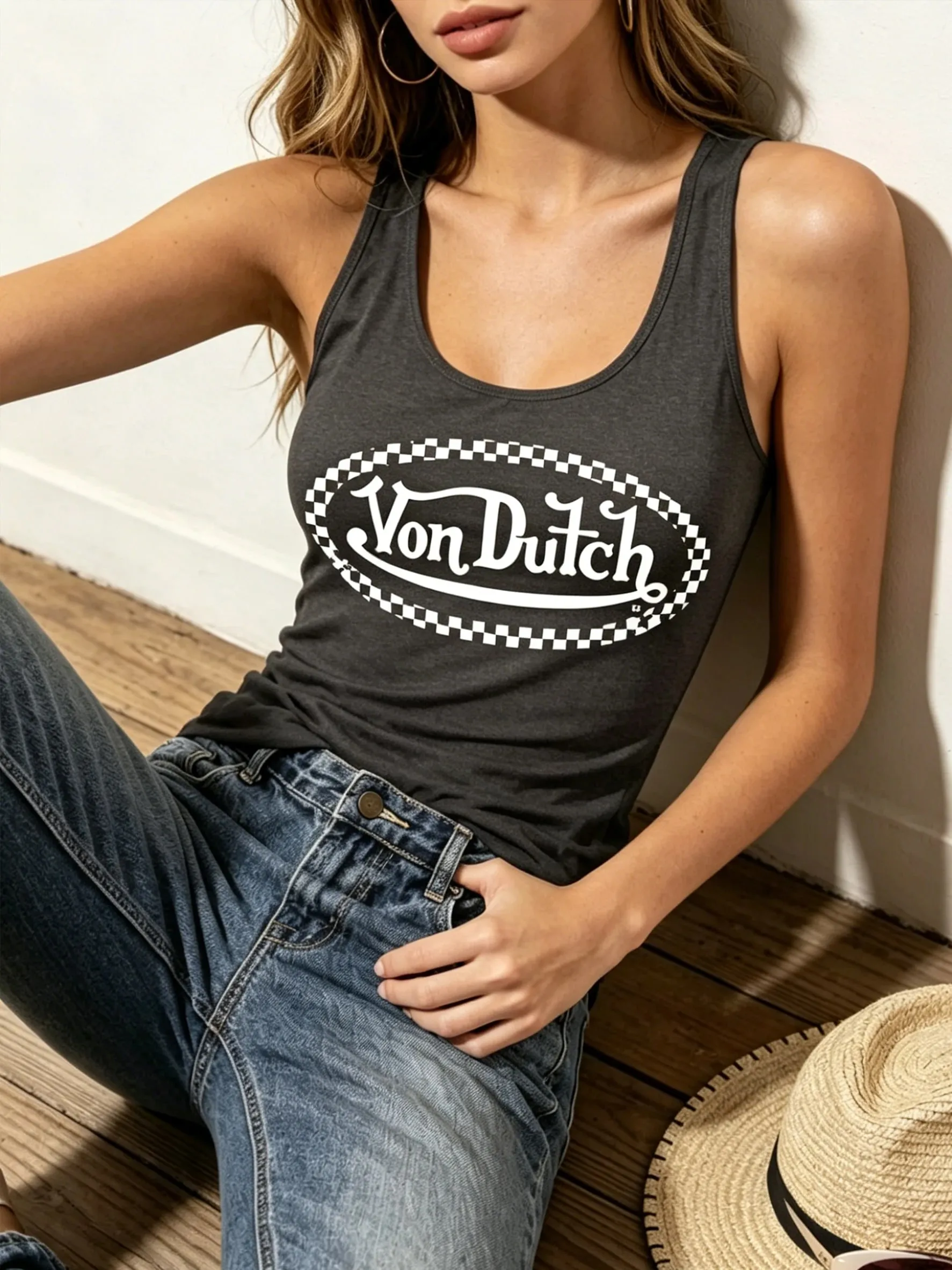 Women's Y2K American Street Retro-Style Checkered Border Printed Casual Tank Top for Summer Sports Use — image 6