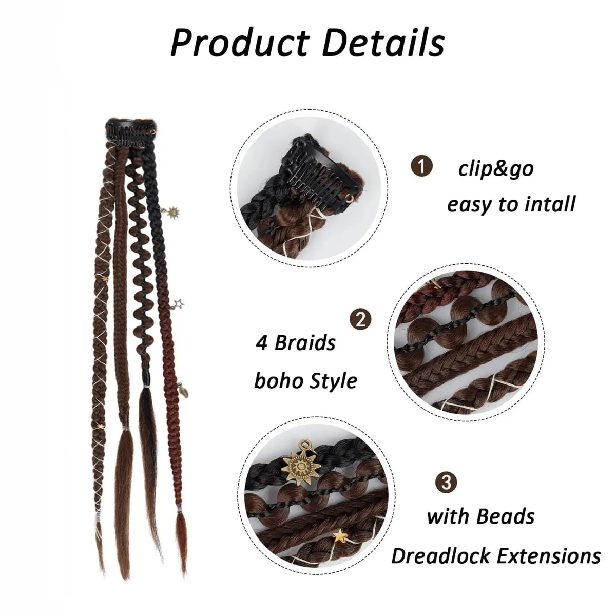 Clip in braids 2PCS 20Inch Dreadlock Extensions with Beads & Chains Viking Boho Braids for Cosplay Festival Daily Styling — image 5