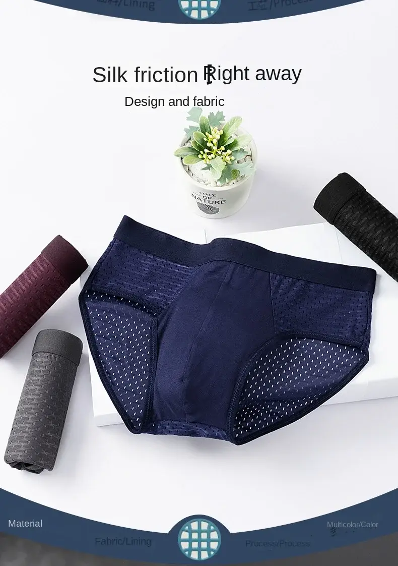 Solid Men Summer Ice Silk Underwear Boxershorts Briefs Breathable Underwear Bamboo Carbon Fiber Anti-Bacterial Hollow Panties — image 2