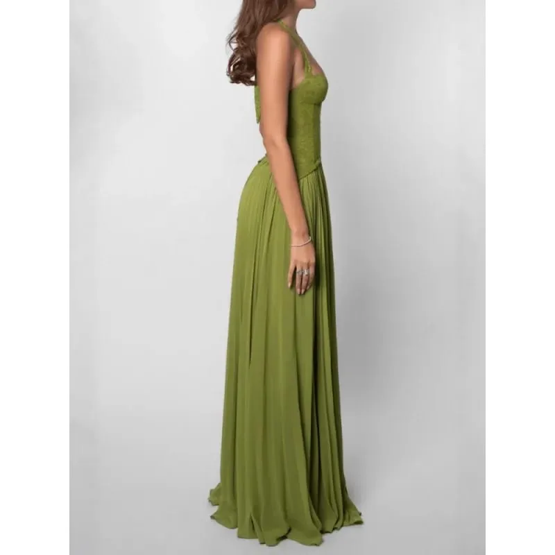 Green Fishbone Corset Halter Maxi Dress Women Backless Off Shoulder Pleated Patchwork Slim Dresses Lady Christmas Party Gown New — image 4