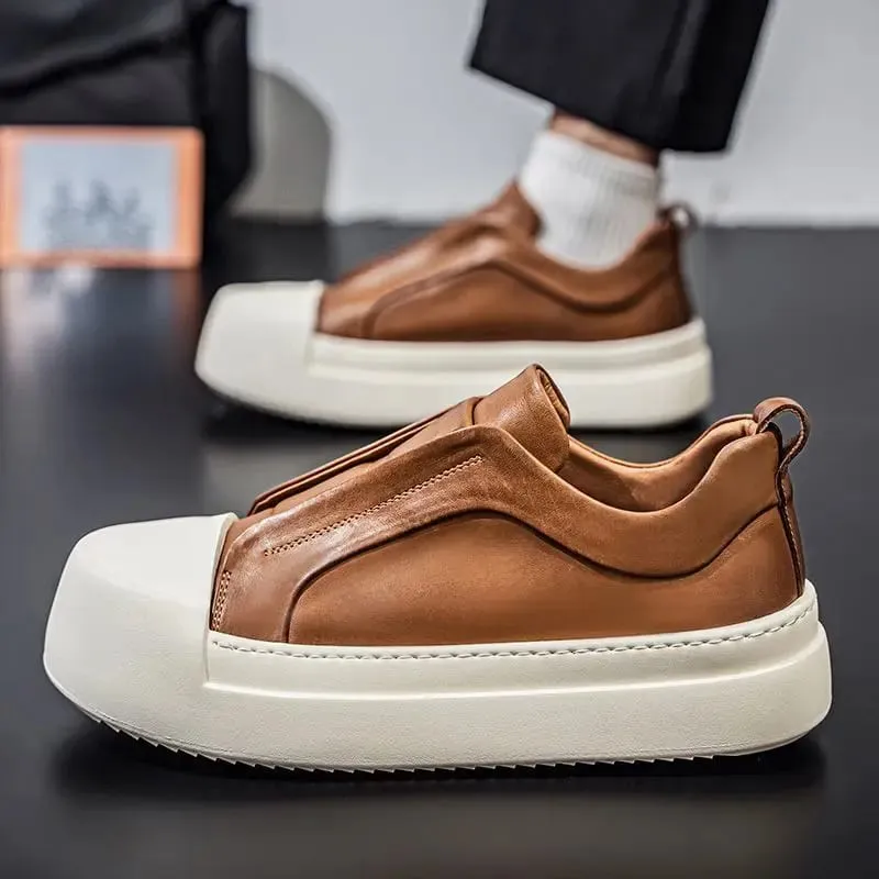 Retro Brown PU Leather Men's Shoes Lightweight Platform Elastic Band Casual Sneakers Fashion Street Walking Shoes High Quality