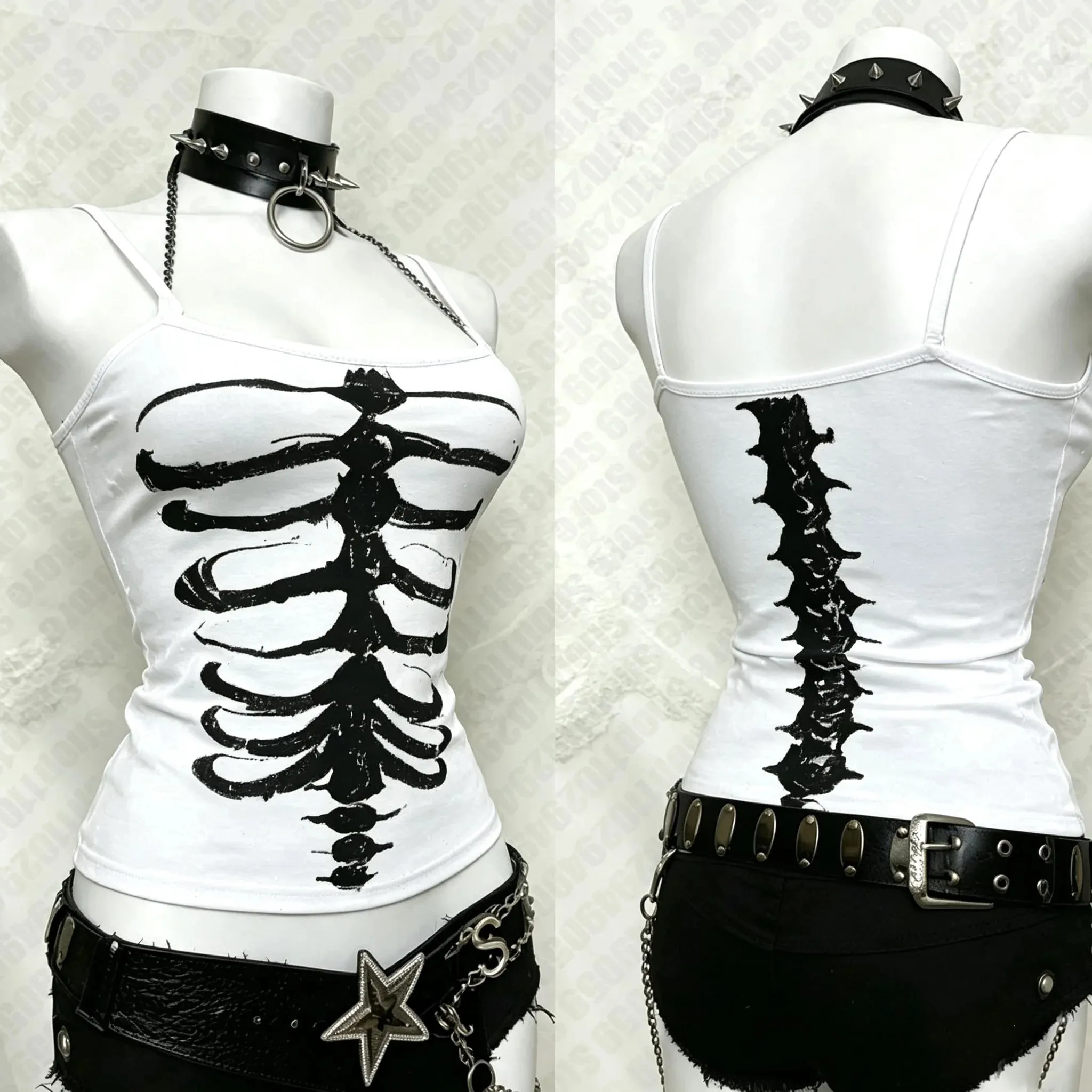 Y2K Gothic Alt Sleeveless Crop Top Vintage Grunge Skeleton Front Back Graphic Slim Women Skeleton Ribcage Spine Cami Tank Tops — image 4
