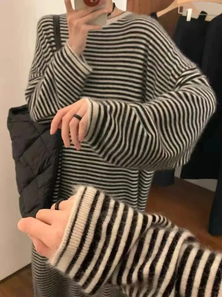 Lazy and Comfortable 100% Pure Cashmere Straight Striped Dress Joker Knit Bottoming Shirt Sweater Skirt in Autumn and Winter — image 2
