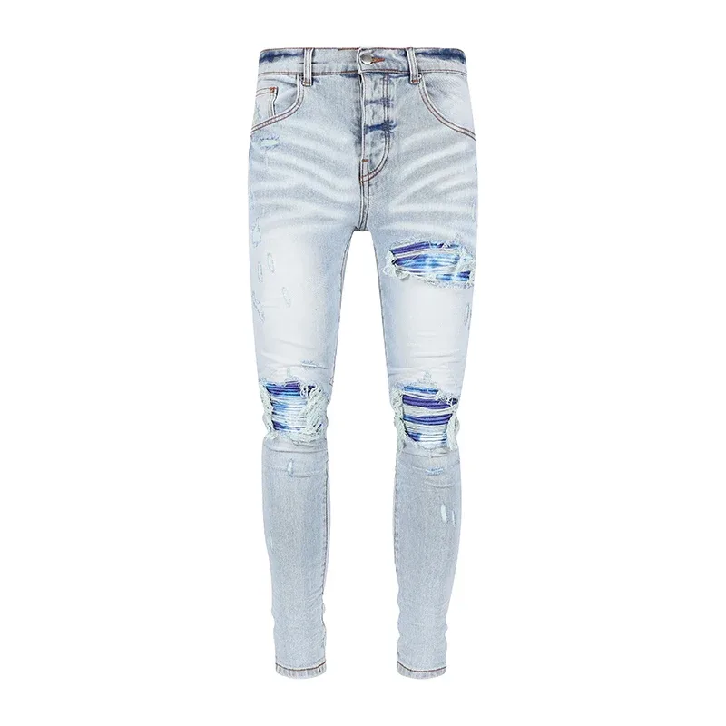 Fashionable New Men's Retro Blue Jeans With Pleated Elastic Perforated Blue Leather Patch Tight Tapered Pants Y2K