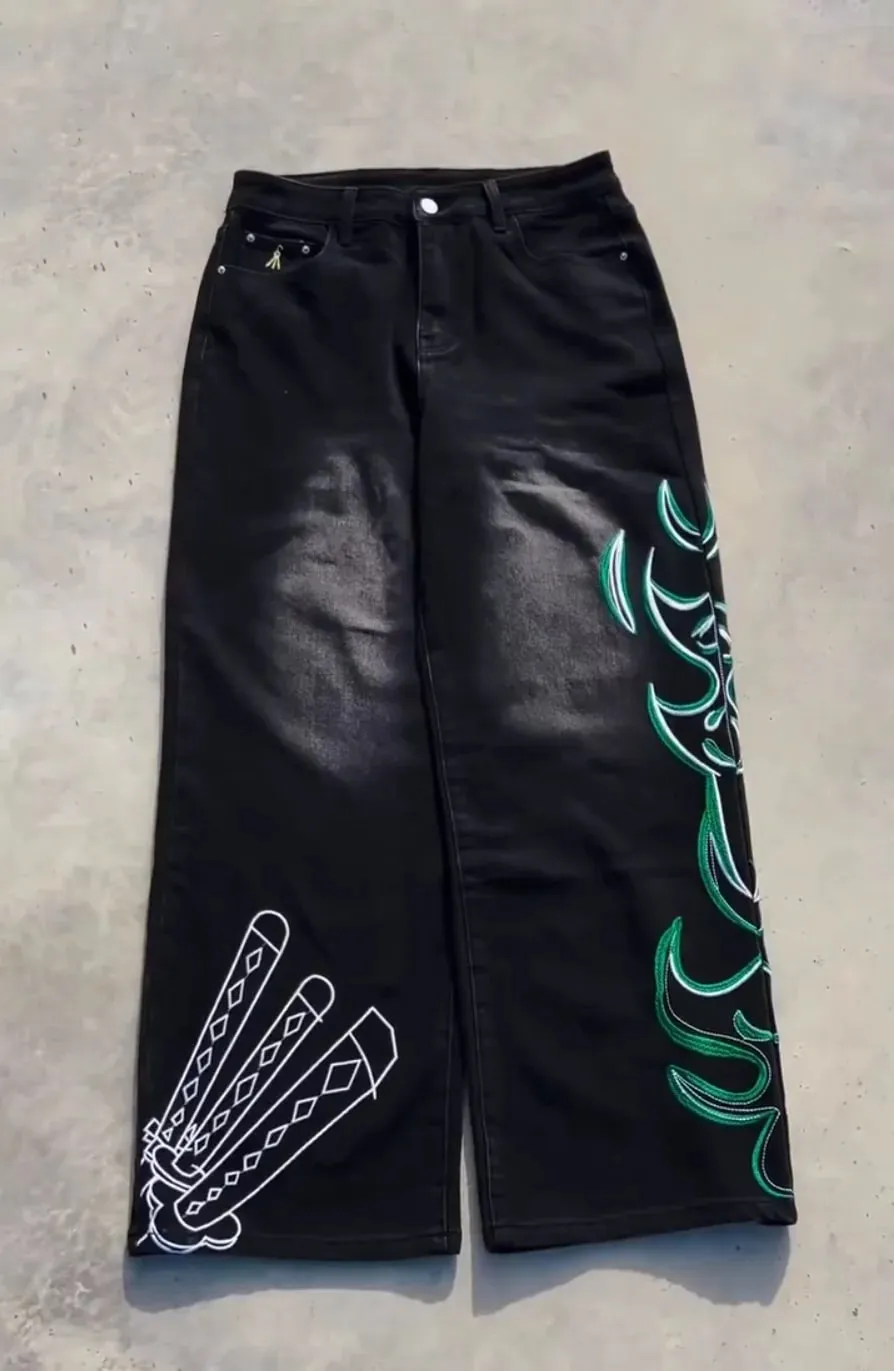 Y2K Anime Pattern Embroidered Jeans Baggy Wide Leg Stretch Jeans Streetwear Harajuku Hip Hop Dark Retro Fashion Rock Denim Pants