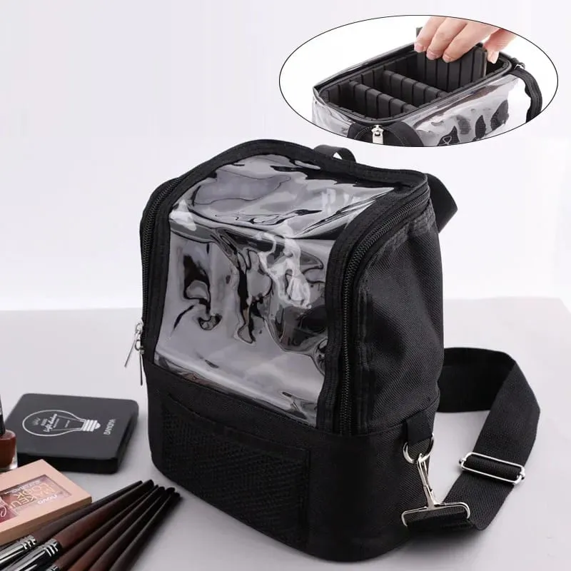 Clear Makeup Brush Holder with Lid Large Capatity Makeup Brushes Storage Bag Stand-up Makeup Artist Bags With Strap and Dividers — image 1