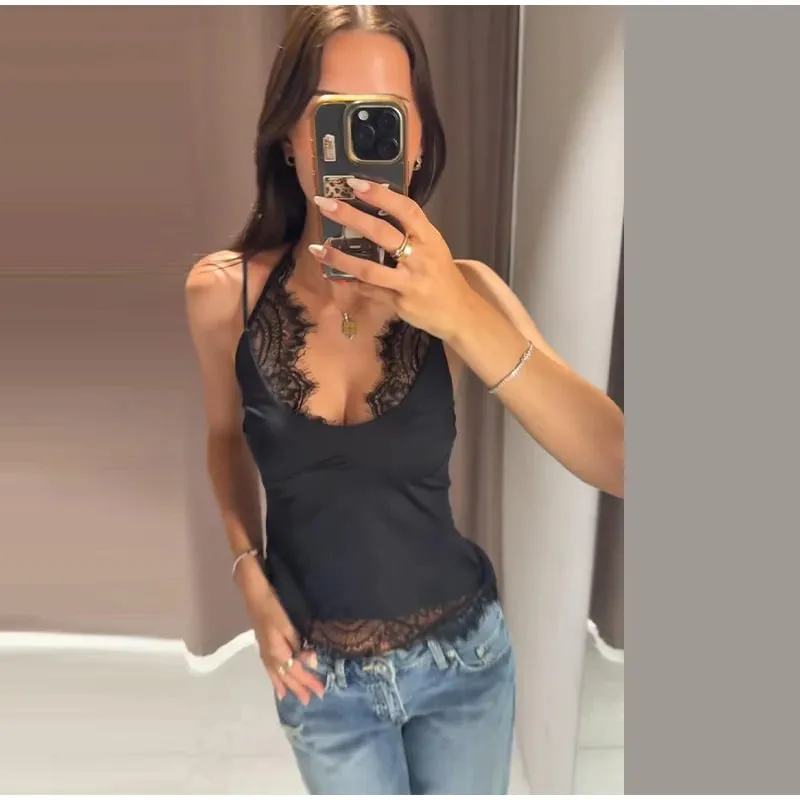 Lace Patchwork V-Neck Spaghetti Strap Sheer Mesh Bodysuit Fitted 2026 Summer Women Mesh Top Delicate Elegant Lady Bodysuit — image 11
