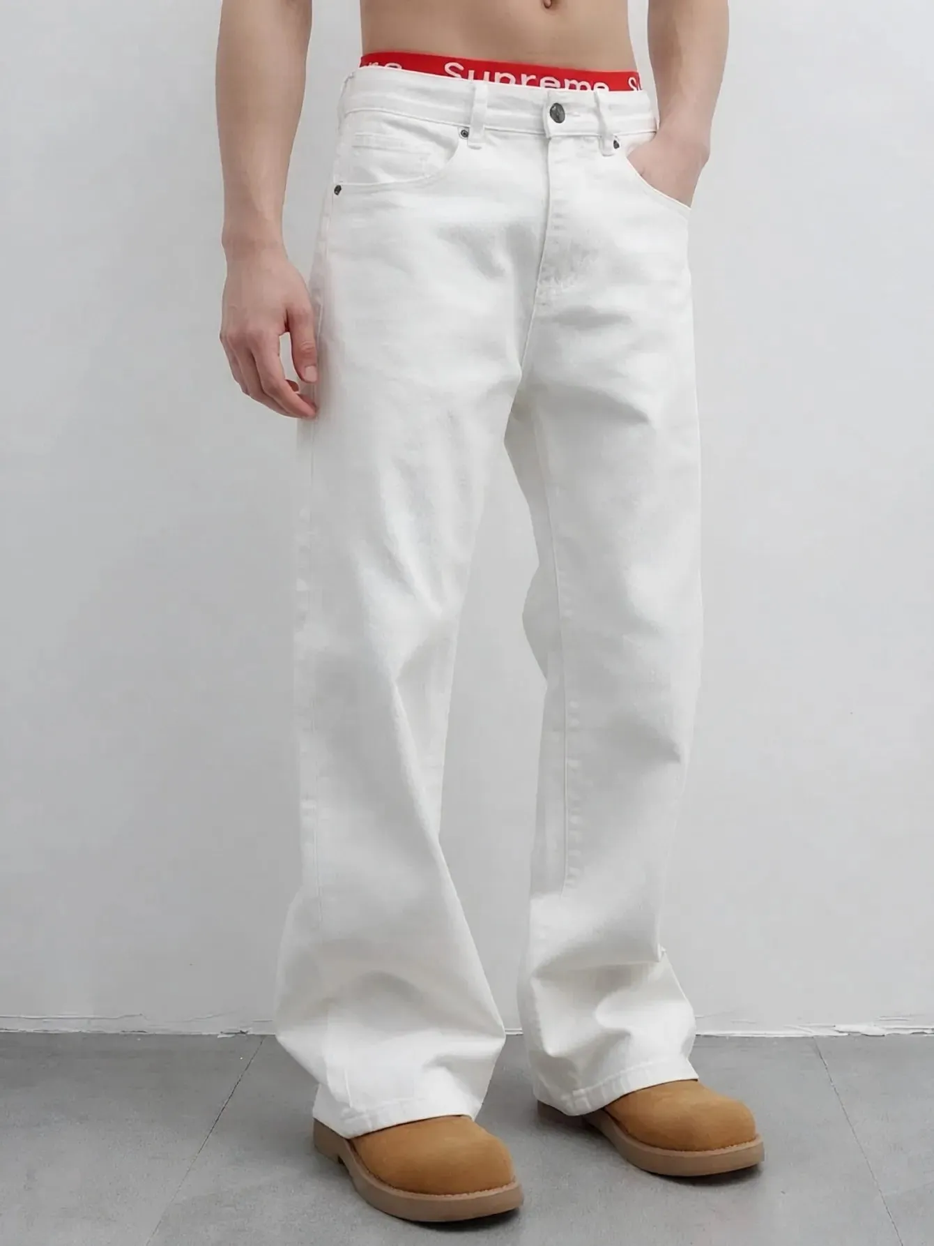 【HME】Men's Jeans | Street Fashion Denim Pants Solid White Flared‑Leg Denim Trousers With Fine Craft Stitching Versatile Casual Pants Well‑Built Denim Bottoms Trendy Male Denim Apparel For Multiple Daily Occasions — image 6