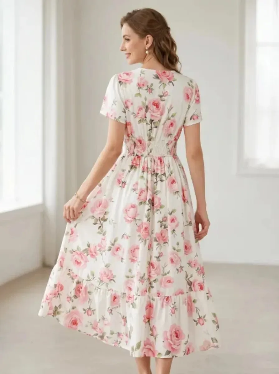 Elegant V-Neck A-Line Long Dress Soft Rose Print Summer Vacation Gown Women's Casual Maxi Skirt — image 2