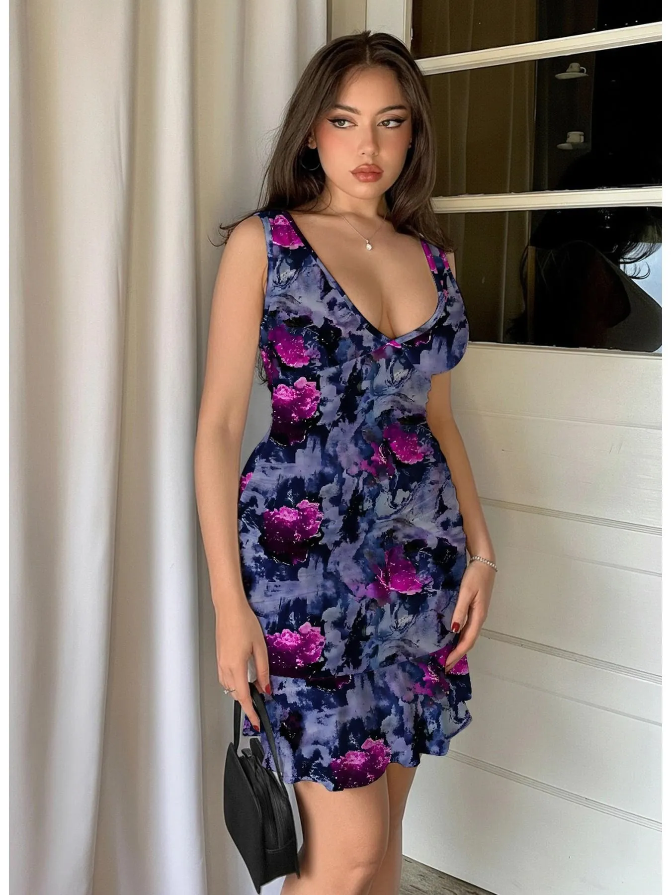 Gradient Floral Sleeveless Deep V Bodycon Dress Sexy Fitted Waist Ruffle Hem Evening Wear Wrinkle-Resistant Polyester — image 5