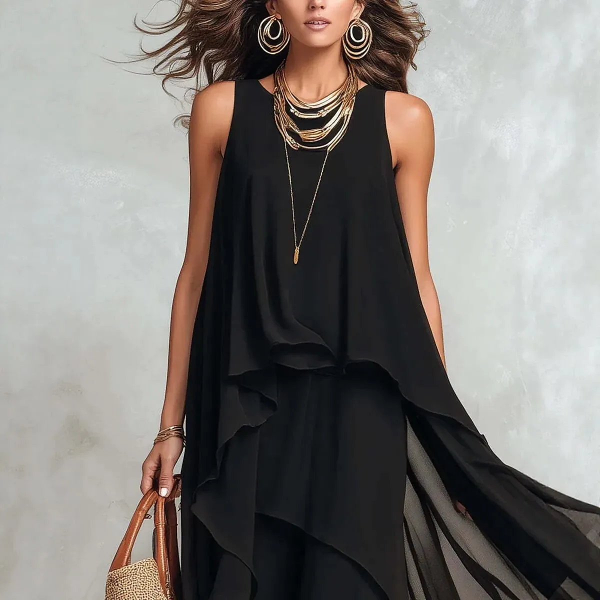 2026 new black sleeveless irregular chiffon long dress with elegant temperament for women — image 3