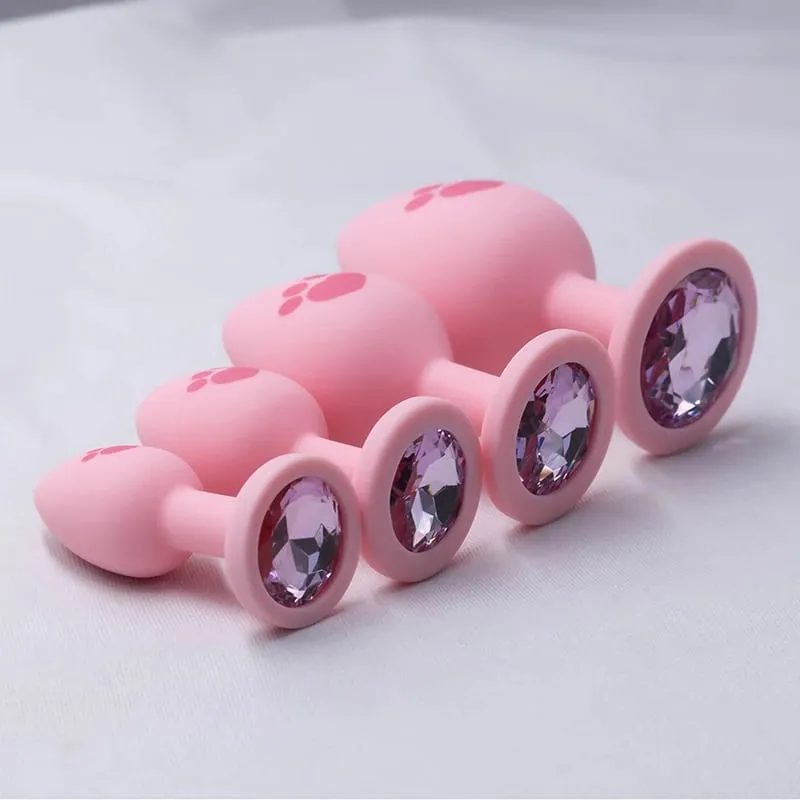 Pink Silicone Anal Plug for Woman 4 Sizes Cat Paw Pattern Smooth Surface Butt Plug Crystal Base Sex Toys For Woman Anal Dildo — image 4