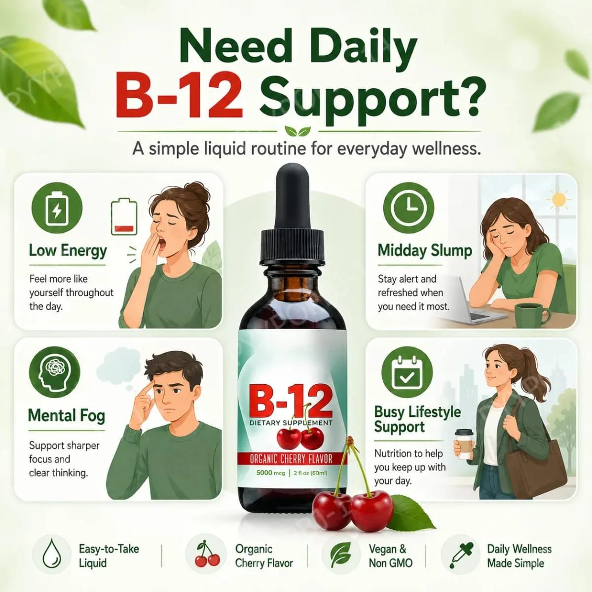 Vitamin B12 Methylcobalamin Liquid Drops 5000 Mcg Cherry Flavor 2 Fl Oz 60 Servings Vegan Sugar Free Daily Supplement