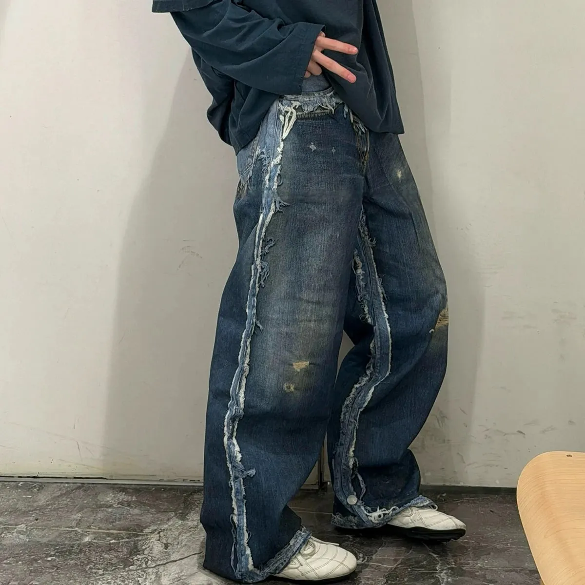 Fake Two Pieces 3D Print Patchwork Baggy Jeans for Men and Women Straight Casual Loose Denim Trousers Oversized — image 7