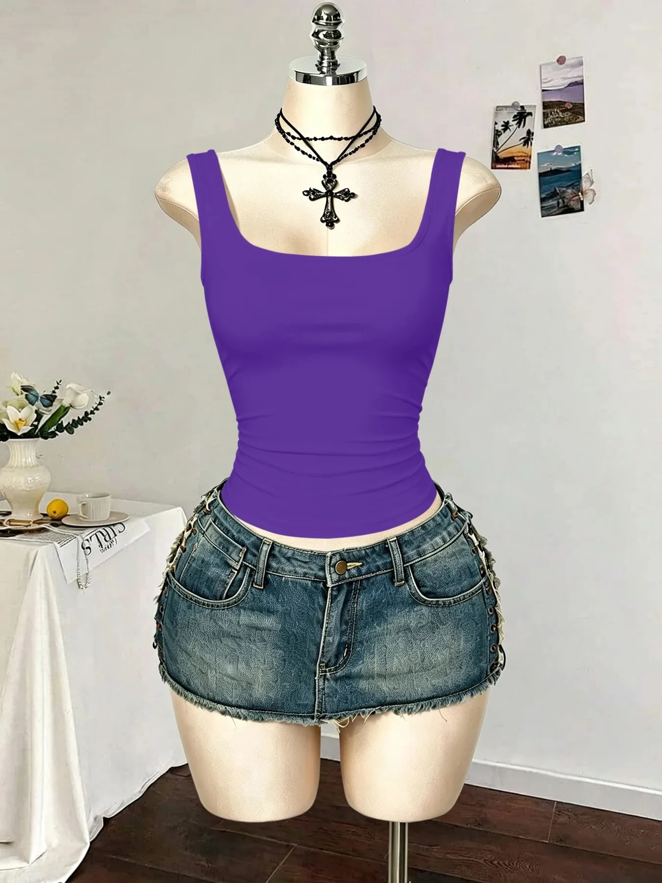 Women Square Neck Wide Strap Ribbed Tank Top Sleeveless Fitted Slim Casual Cami Top — image 15