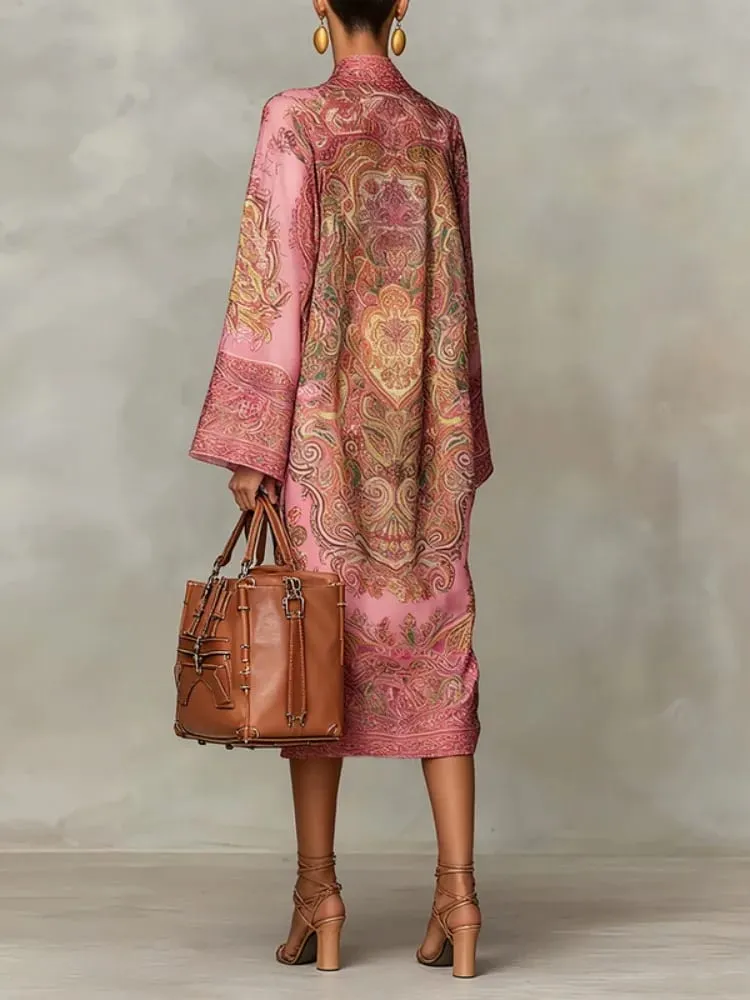 Women's Vintage Elegant Printed High Neck Kaftan Dress Long Sleeves Loose Elegant Evening Midi Dresses Robe 2026 New — image 2