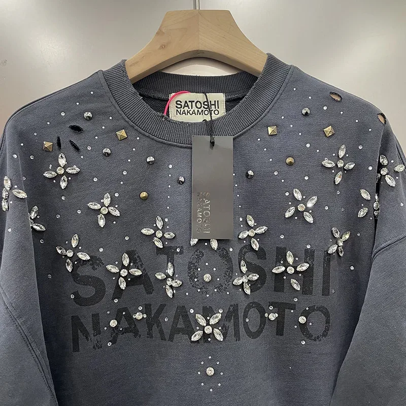 26FW Heavy Fabric Cotton Loose Rhinestone Rivet Satoshi Nakamoto Sweatshirts Men Women Vintage Charcoal Gray Green Pullovers — image 20