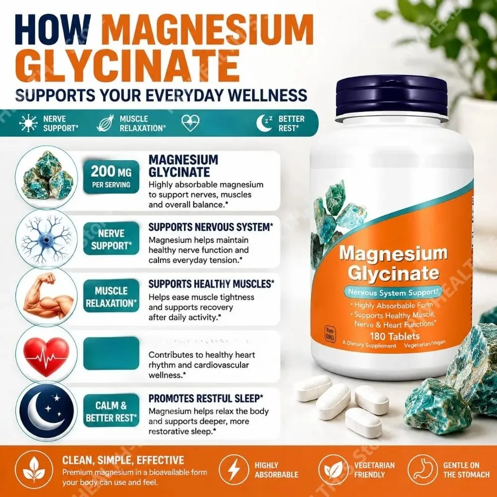 Magnesium Glycinate Supplement 180 Tablets Chelated Bisglycinate Dietary Tablets for Men & Women Gentle Daily Mineral Support — image 3