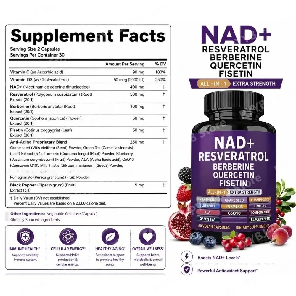 NAD+ Resveratrol Supplement with Berberine Quercetin Fisetin CoQ10 Vitamin C D3 60 Vegan Capsules for Daily Nutrition Support — image 5