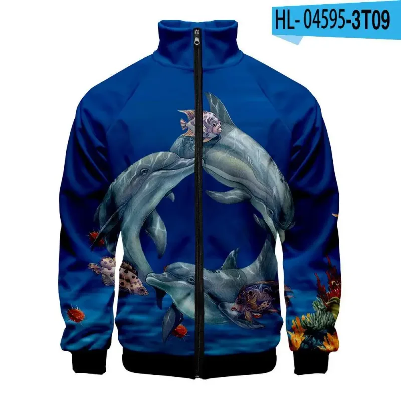 Harajuku Popular Novelty dolphin 3D Print Zipper Raglan Jacket Windbreaker Boys/Girls Comfortable Stand Collar Jackets Coats