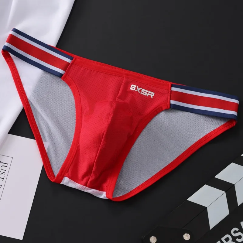 New GXSR splicing side waist high fork men's briefs threaded ice silk fashionable low waist sports hip lift men's underpants