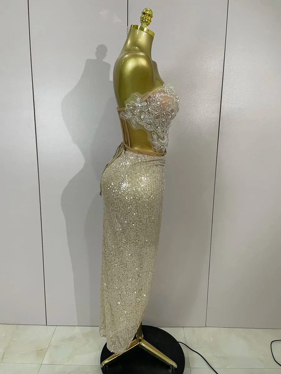 Sparkly Pailletten Kralen Sexy Strapless Tweedelige Set Vrouwen Avond Vieren Nachtclub Party Luxe Verjaardag Jurk Toneelkostuum — image 4