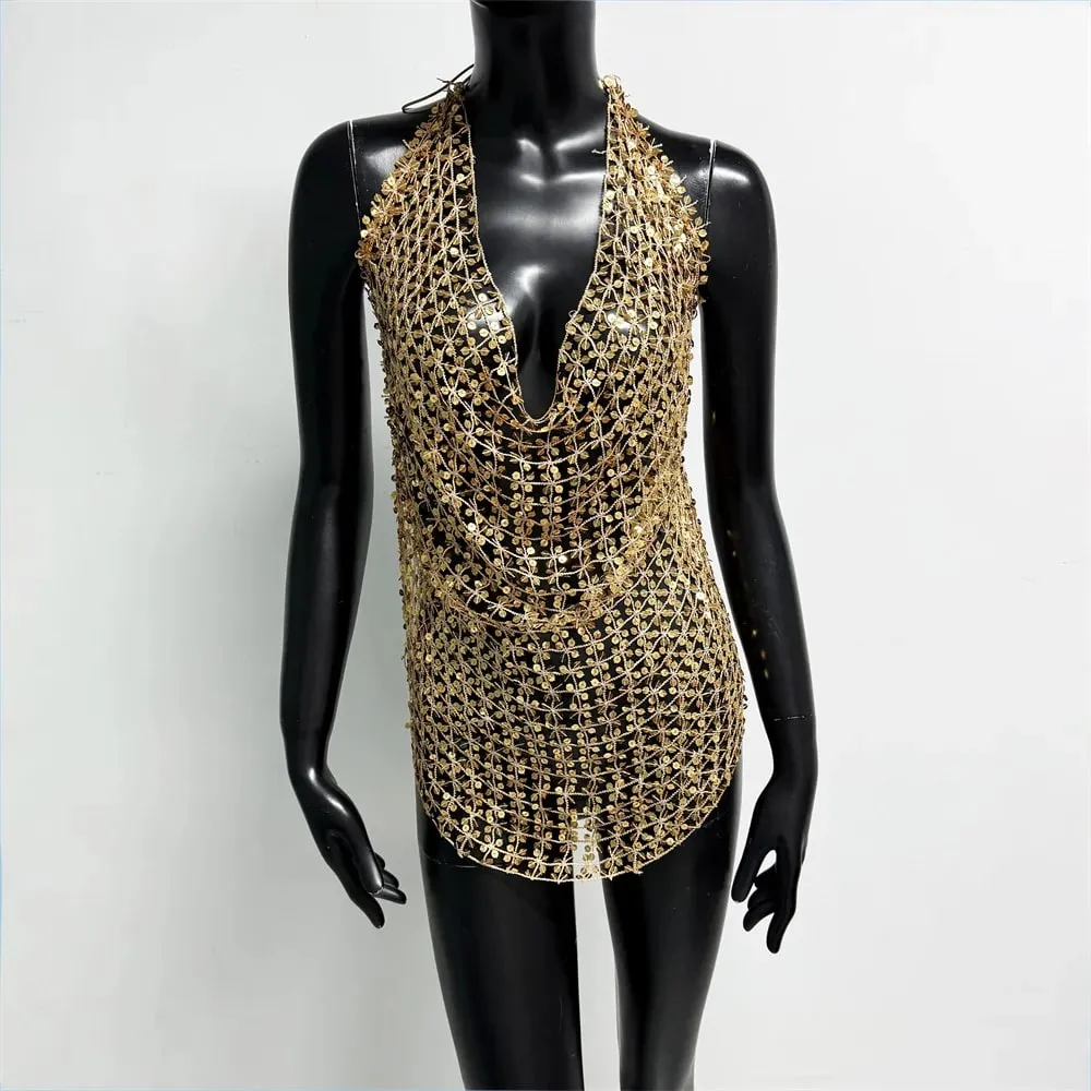 Women Shiny Acrylic Sequins Hollow Tank Top Sexy Deep V Neck Backless Halter Neck See Through Cover Up Camisole Beach Party Tops