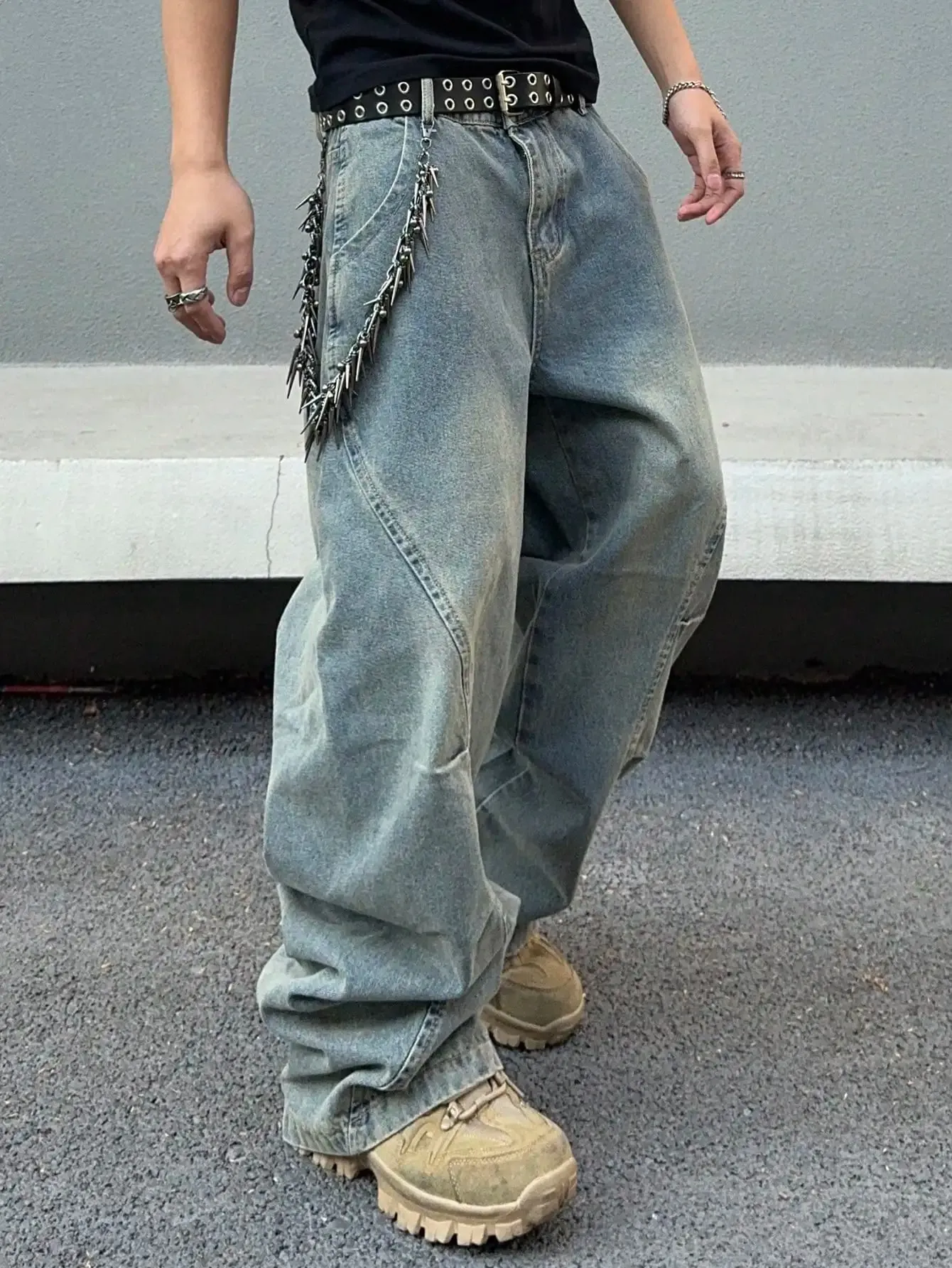 Vintage Men Washed Baggy Denim Jeans Stitched Panel Wide Leg Denim Pants Oversized Loose Hip Hop Streetwear Y2K Casual Trousers — image 2
