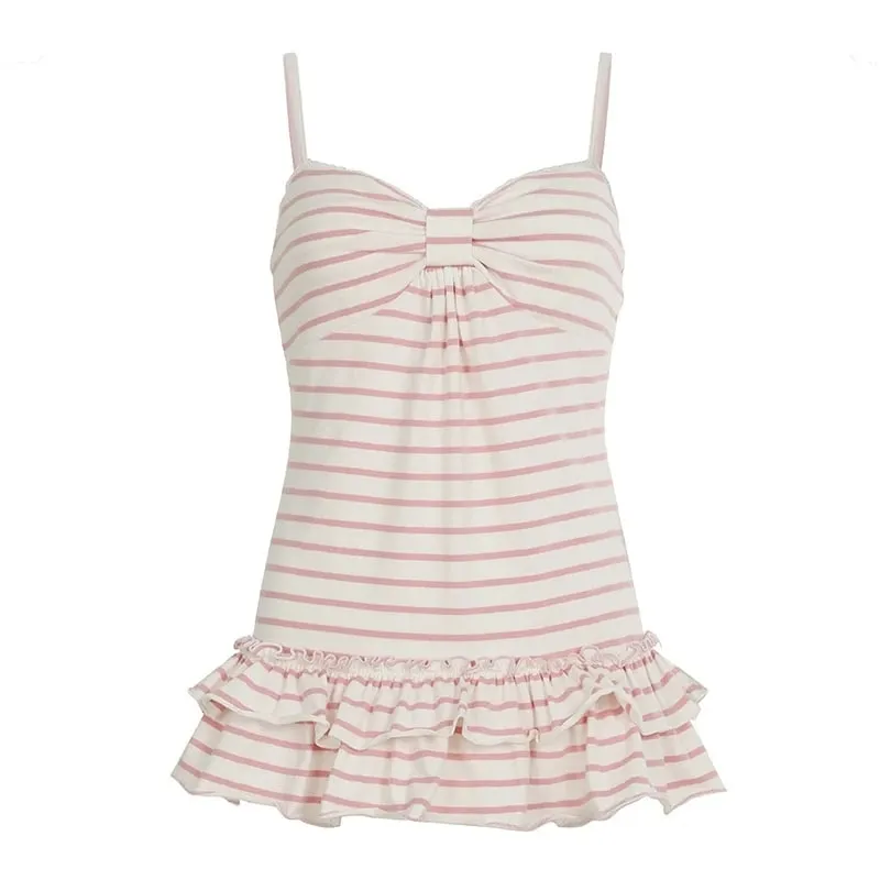 Women Sweet Striped Camisole Top Bow Front Ruffle Hem Sleeveless Cami Summer Loose A‑Line Tank Tops — image 5
