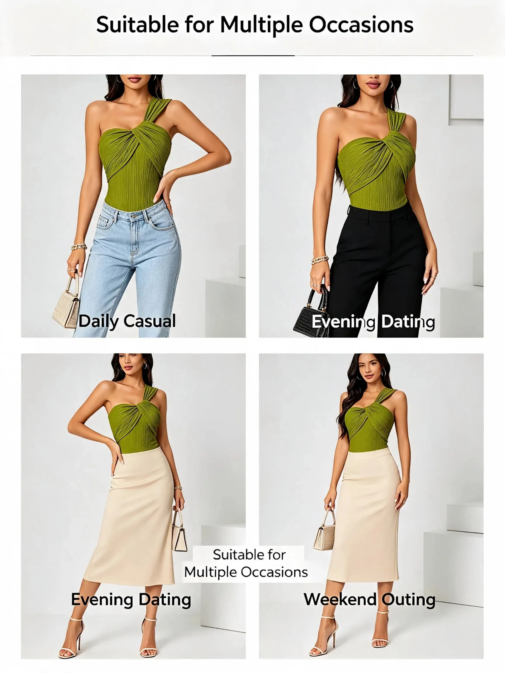 Women One Shoulder Twist Bodysuit Textured Crinkle Fabric Sleeveless Slim Fit Party Club Jumpsuit Top Green — image 8