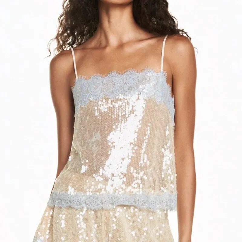 Women's Lace Trim Sequin Tank Top Spaghetti Straps Sparkly Cami Top Scallop Hem Rave Outfits — image 6