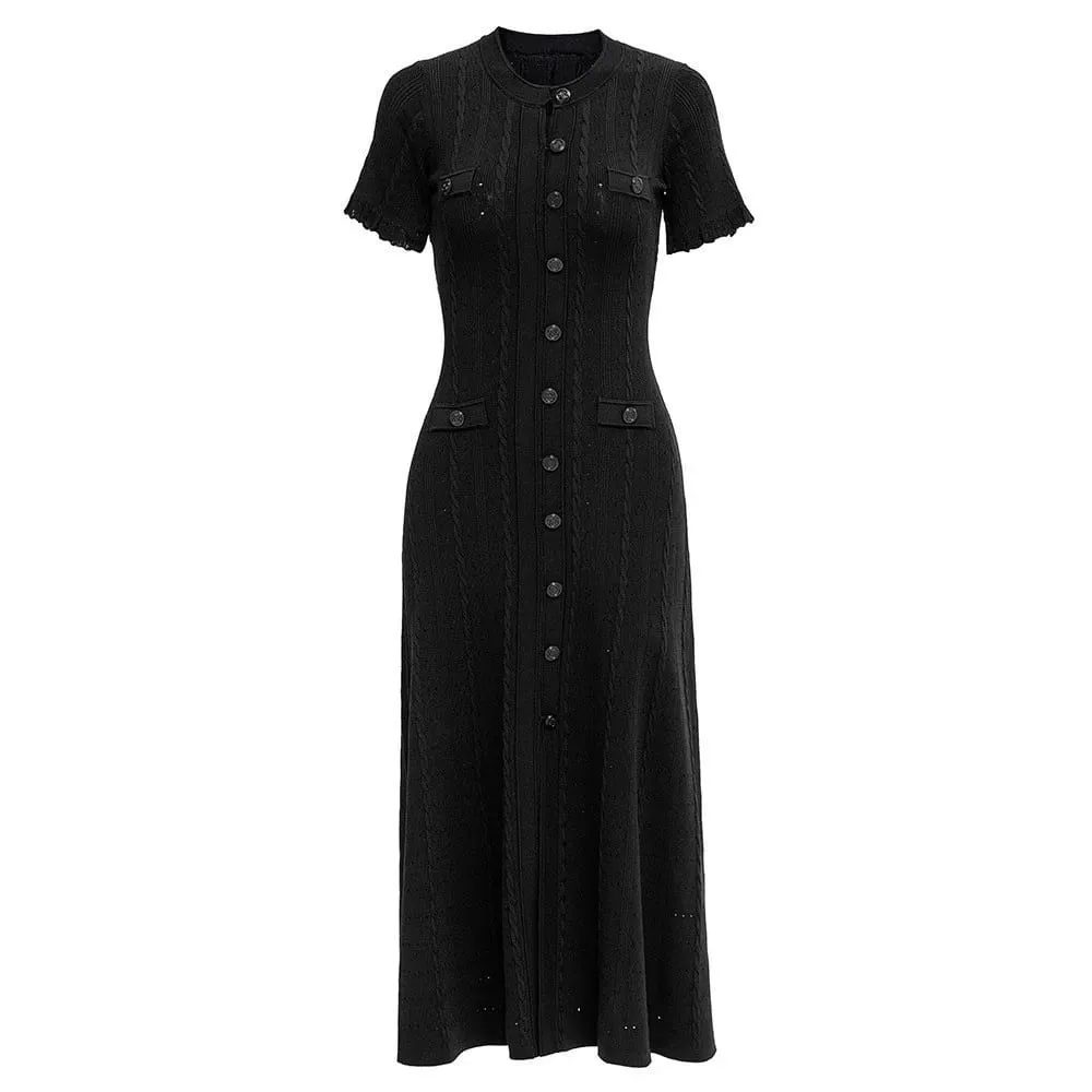 Elegant Knitted Dress round Neck Short Sleeve Hollow out Long Dress Ribbed Single Button Knitted Dress Fashionable Commute Style — image 3