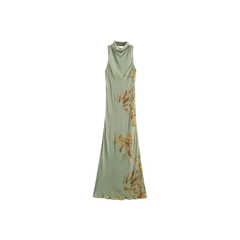 2026 Women Minimalist Outfit Elegant Half High Neck Slim Fit Sleeveless Backless Pleated Printed Sexy Party Club Maxi Dress