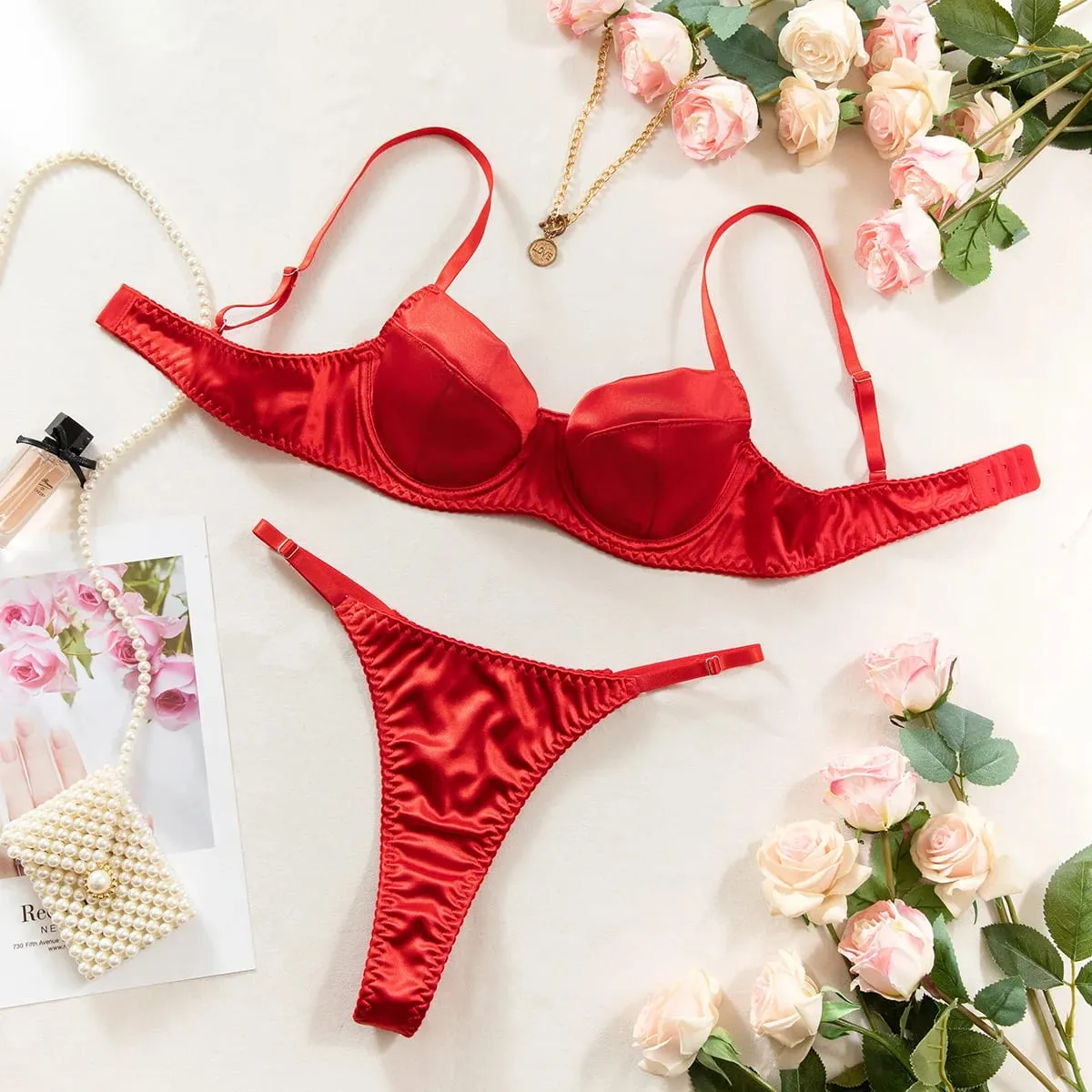 2 Pcs Sexy Bra Set Women Underwear Underwire Push Up Satin Patchwork Bras and Thongs Suits Attractive Bilizna Intimate Set — image 1