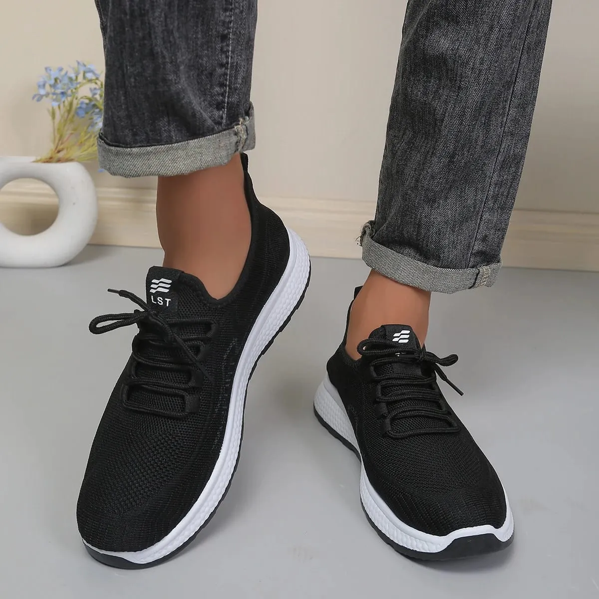 Minimal Solid Hue Men Mesh Lace-Up Footwear Fine Hollow Perforated Knit Upper Bump Carved Black Outsole Versatile Trainers — image 4