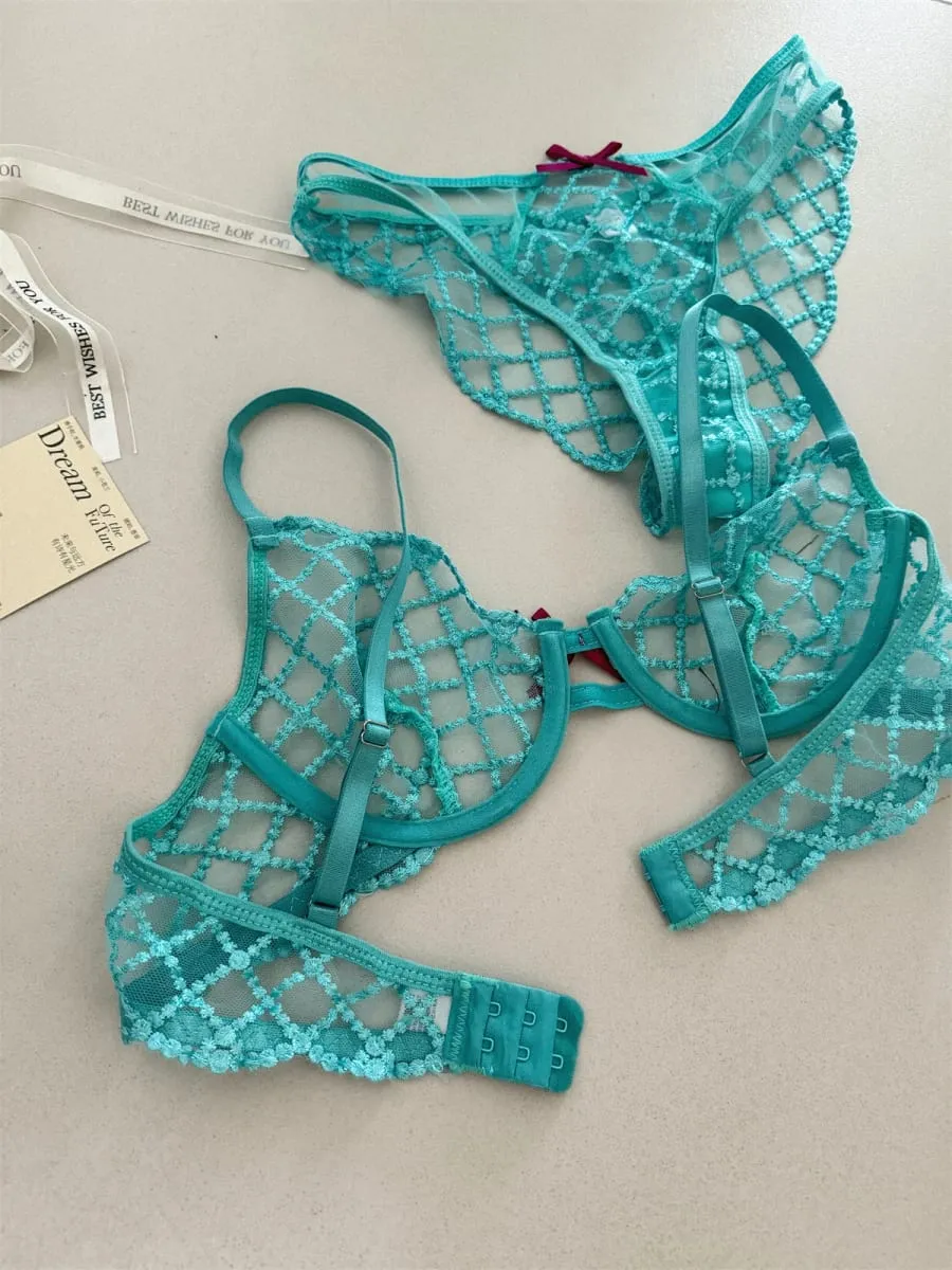 Ensemble de lingerie trois pièces bleu sirène, sous-vêtements fins à gros seins, soutien-gorge sexy en dentelle, soutien-gorge romantique respirant avec sous-vêtement — image 2