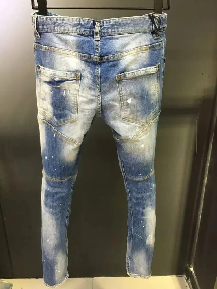 New Men's Ripped Jeans Distressed Elastic Slim Pencil Fit Denim Pants Paint Splatter Streetwear Y2K High Street Biker Trousers — image 3